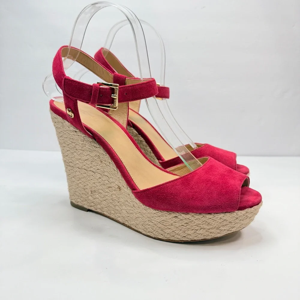 Michael Kors Women 9 Wedge Red Suede Espadrille Platform Sandals Luxury Designer